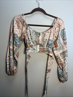 Altar'd State Pink and Sage Patchwork Tie-Back Crop Top